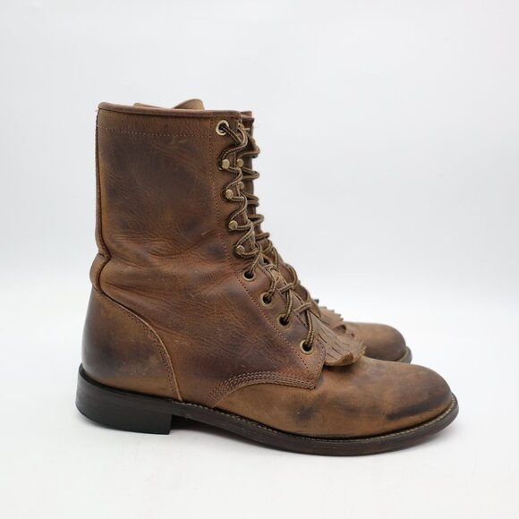 Justin Brown Leather Western Roper Lace Up Women's Size 6 C Style L0575 - Picture 1 of 12